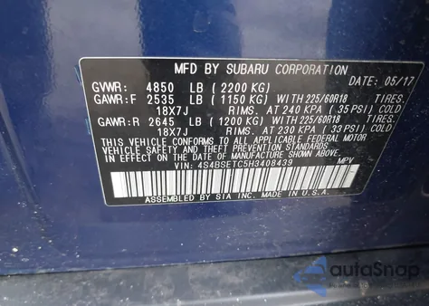 2017 Subaru Outback Touring from USA, damaged, VIN 4S4BSETC5H3408439